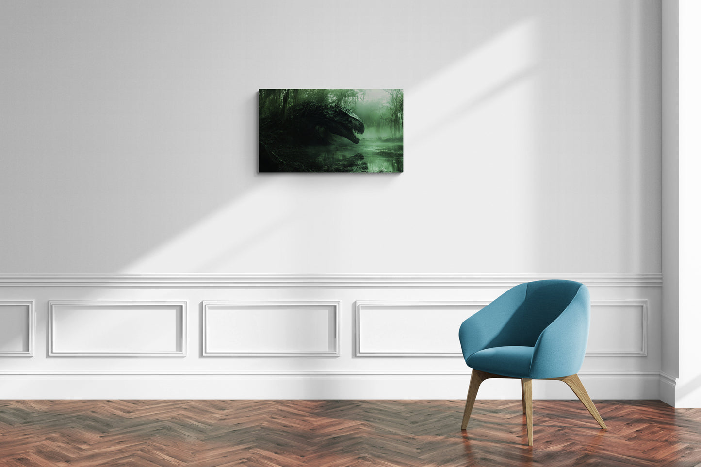 Brullende dinosaurus in mistige jungle - Canvas wandkunst