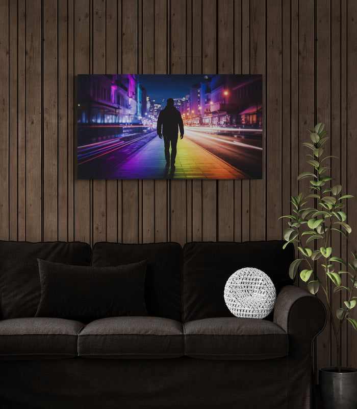 Man loopt 's nachts op een neonkleurige stadsstraat – Canvas wandkunst
