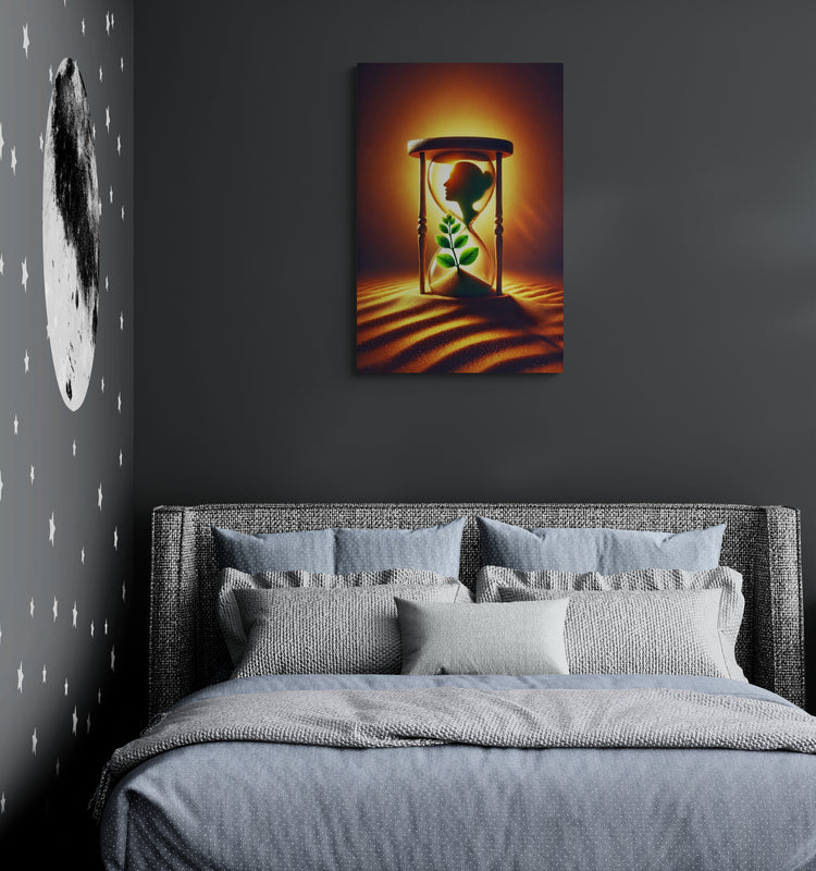 Zandlopersilhouet met groen blad en zandlicht - Canvas wandkunst