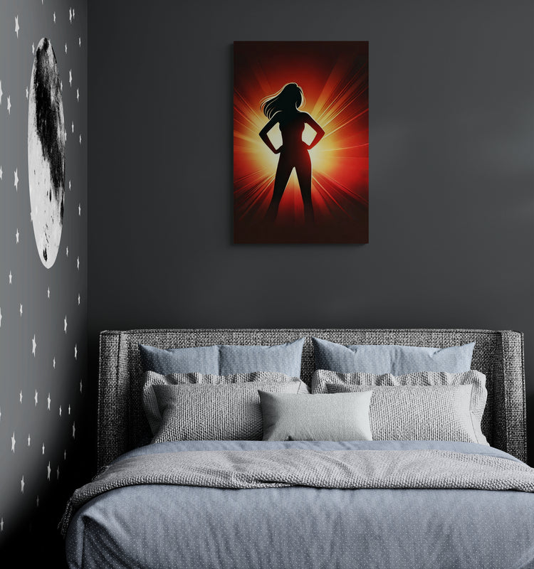 Silhouet van een vrouw in stralend rood licht - Canvas wandkunst