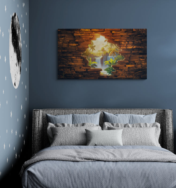 Tropisch junglezicht door stenen muuropening - Canvas wandkunst