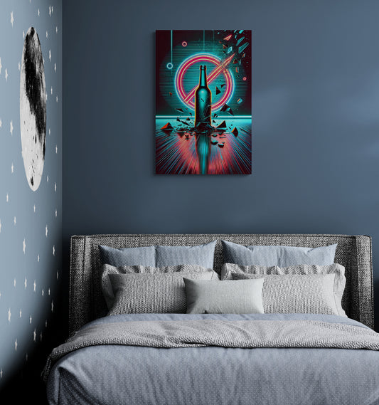 Leinwandbild mit der Neon-Flaschenexplosion an der Wand über dem Bett im Schlafzimmer