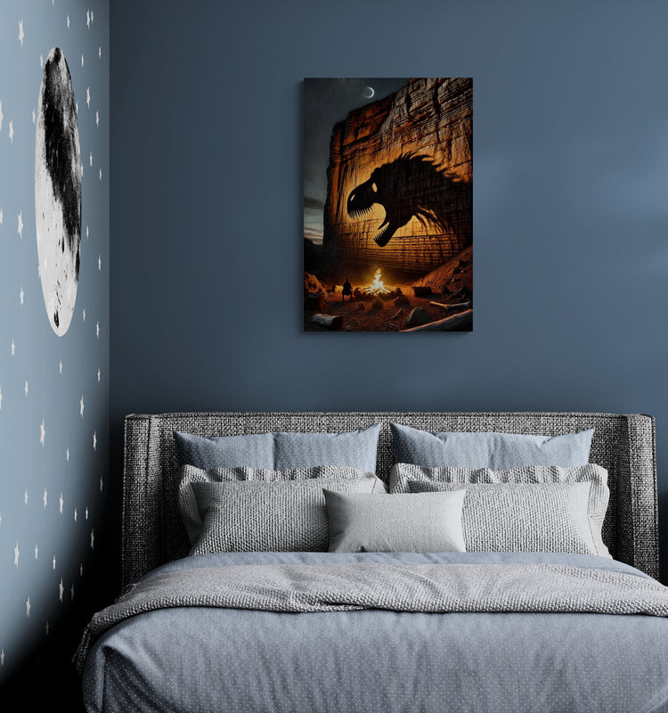 Canyon kampvuur scène met dinosaurus schaduwprojectie - Canvas wandkunst