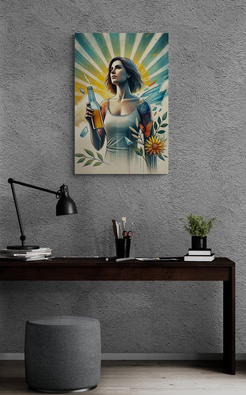 Moderne vrouw met zonnestralen en natuurelementen - Canvas wandkunst