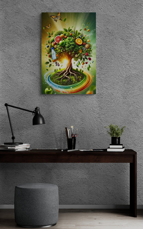 Kleurrijke fruitboom met wortels en vlinders - Canvas wandkunst