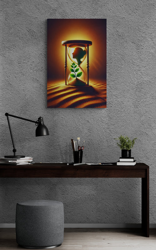 Zandlopersilhouet met groen blad en zandlicht - Canvas wandkunst