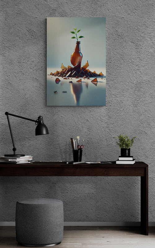 Gebroken glazen fles met groeiende plant in minimalistische stijl - Canvas wandkunst