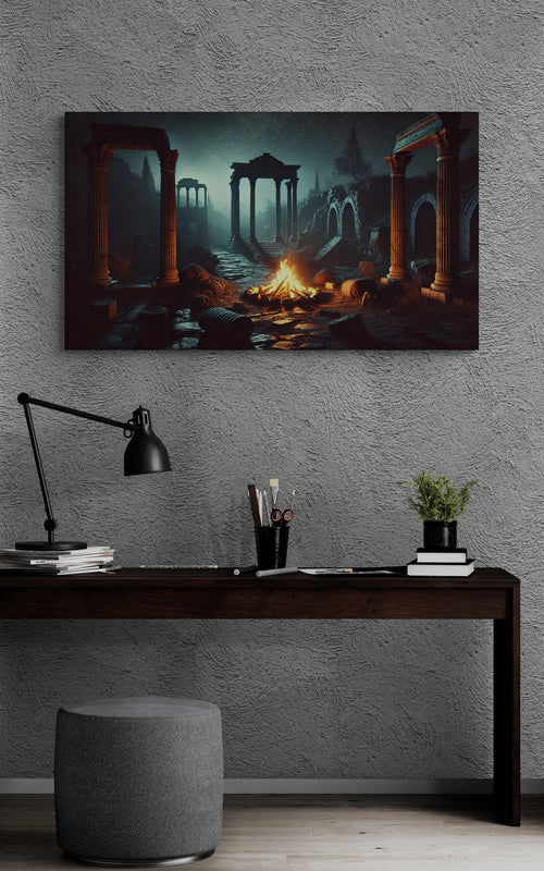 Oude Romeinse ruïnes met kampvuur in nachtscène - Canvas wandkunst