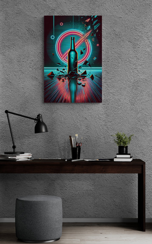 Retro Neon Bottle Explosion in Synthwave Style Canvas – Modern Wall Art