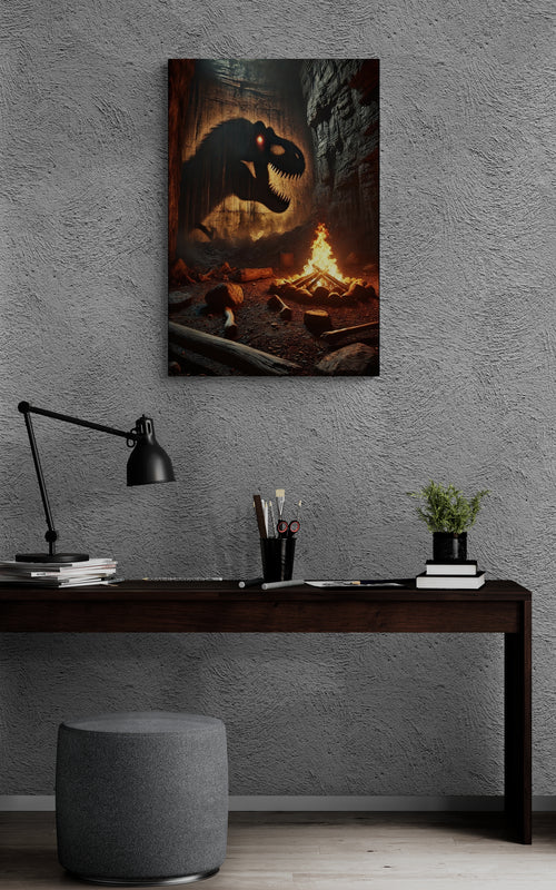 Dinosaurusschaduw met kampvuur in rotsgrot - Canvas wandkunst