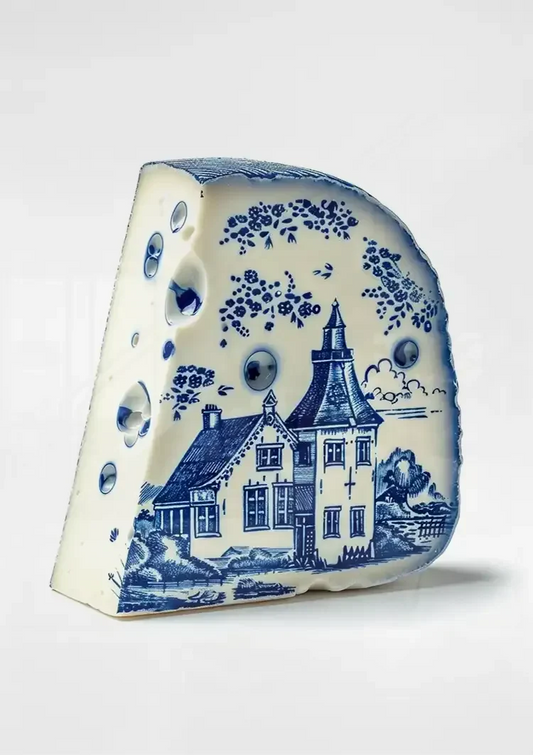 Delfts blauwe kaas canvas schilderij boven het bed in de slaapkamer