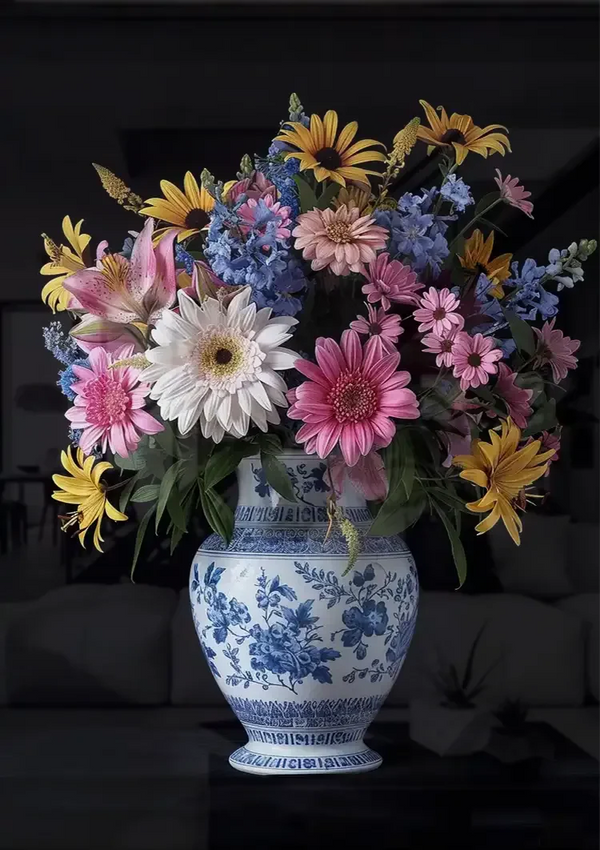Vrolijk Bloemboeket in Delfts Blauwe Vaas Gerbera Zonnebloem Schilderij
