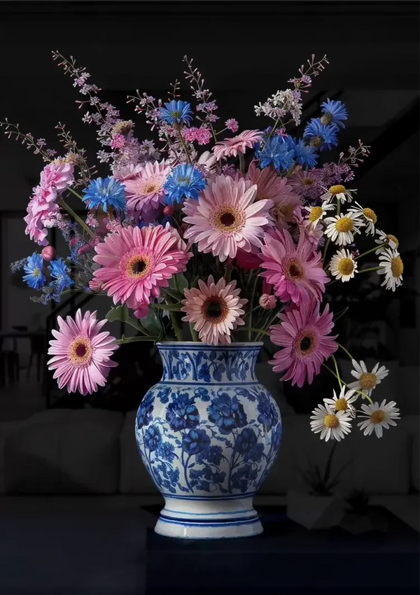 Roze Gerbera Blauwe Korenbloemen in Delfts Blauwe Vaas Donker Schilderij