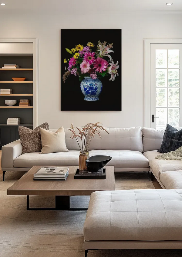 Kleurrijk Bloemboeket in Delfts Blauwe Vaas Donkere Achtergrond Schilderij