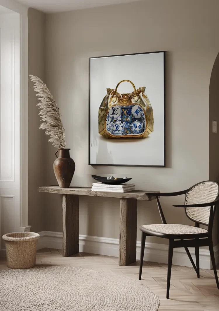 Gold Louis Vuitton Bag with Blue White Porcelain Cups Canvas Painting