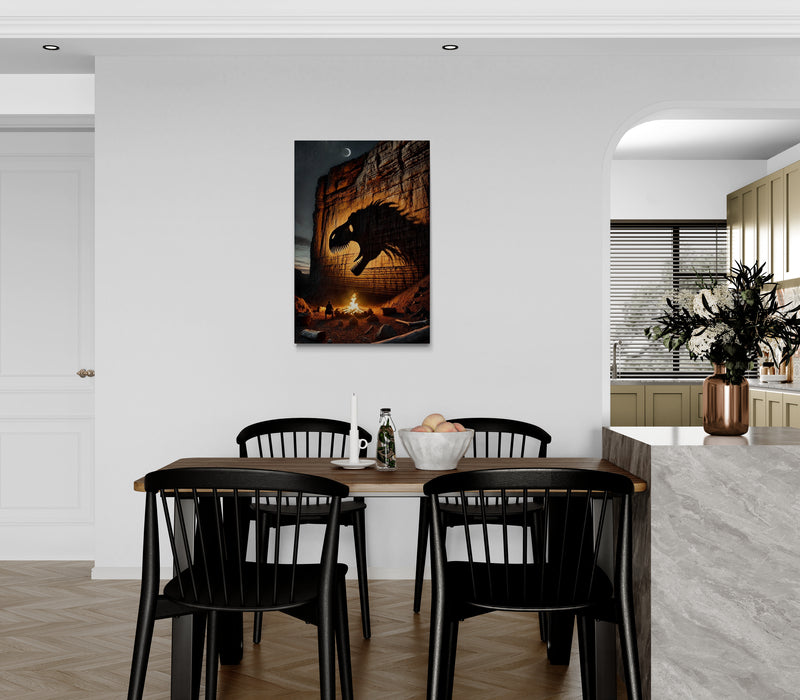 Canyon kampvuur scène met dinosaurus schaduwprojectie - Canvas wandkunst
