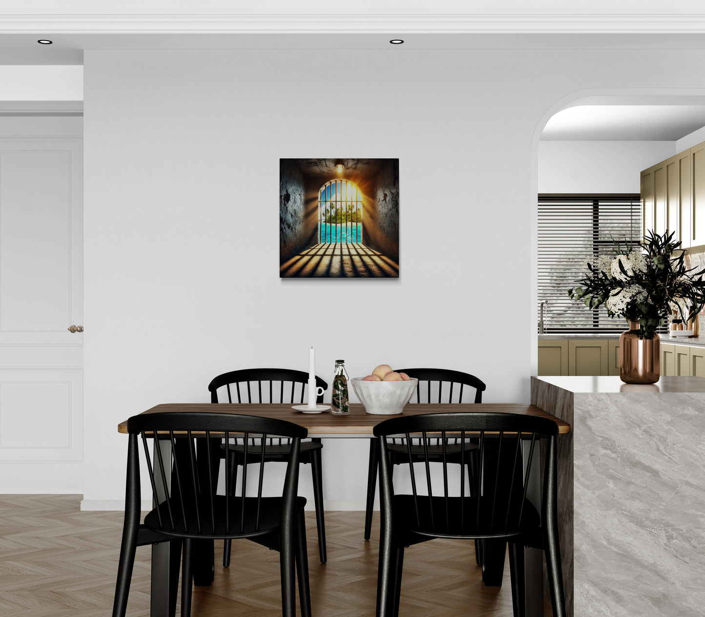 Tropisch eilandzicht door celraam met zonlicht en schaduwen - Canvas wandkunst