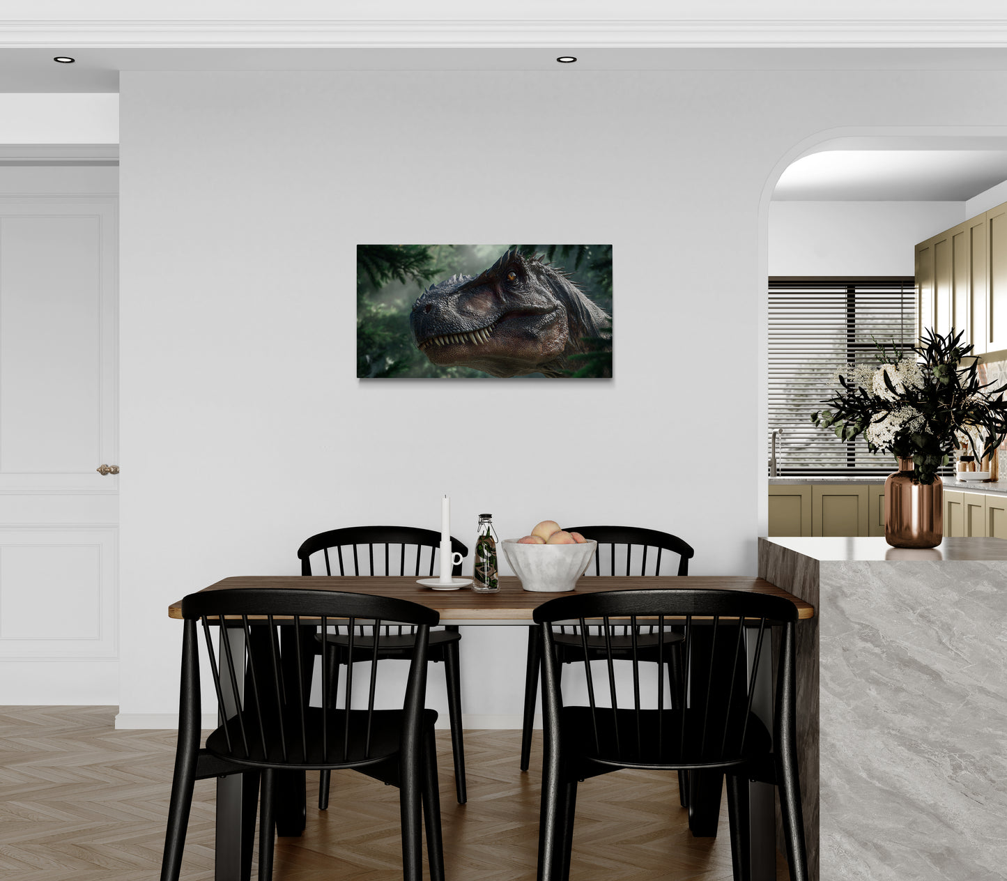 Close-up van een T-Rex-kop in de jungle met natuurlijk licht – Canvas wandkunst