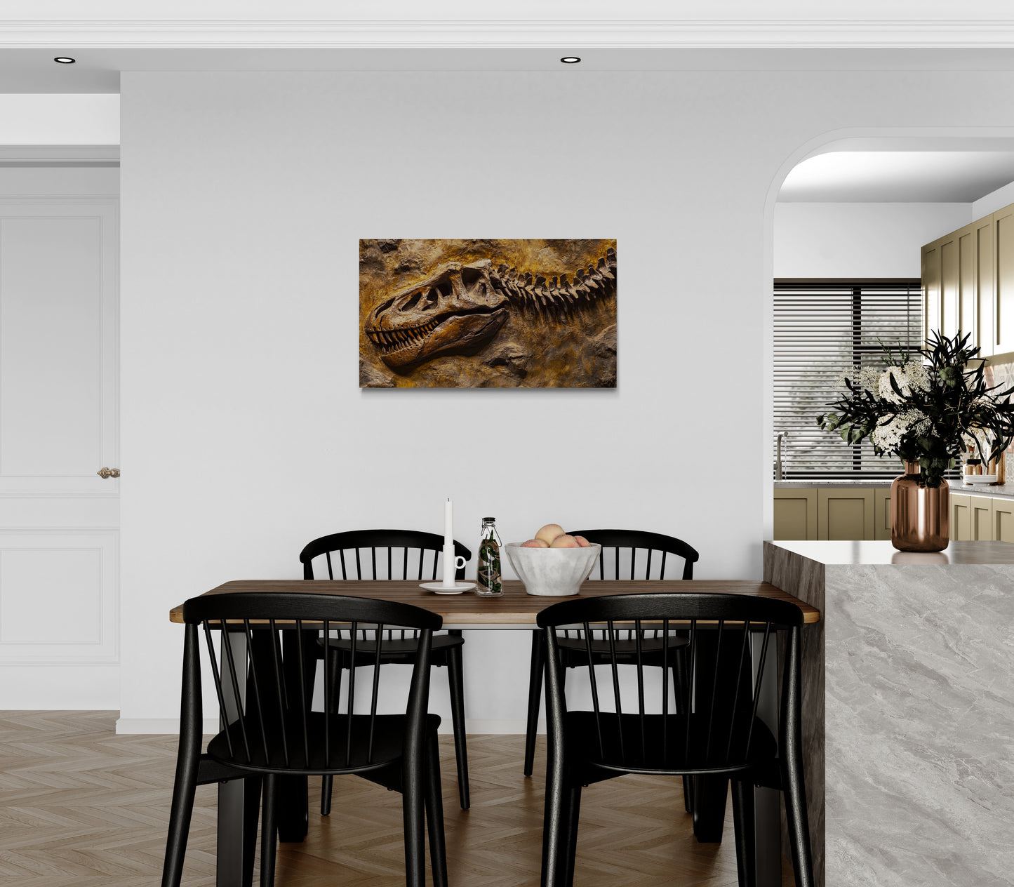 Dinosaurusfossiel met schedel en ruggengraat in steentextuur - Canvas wandkunst