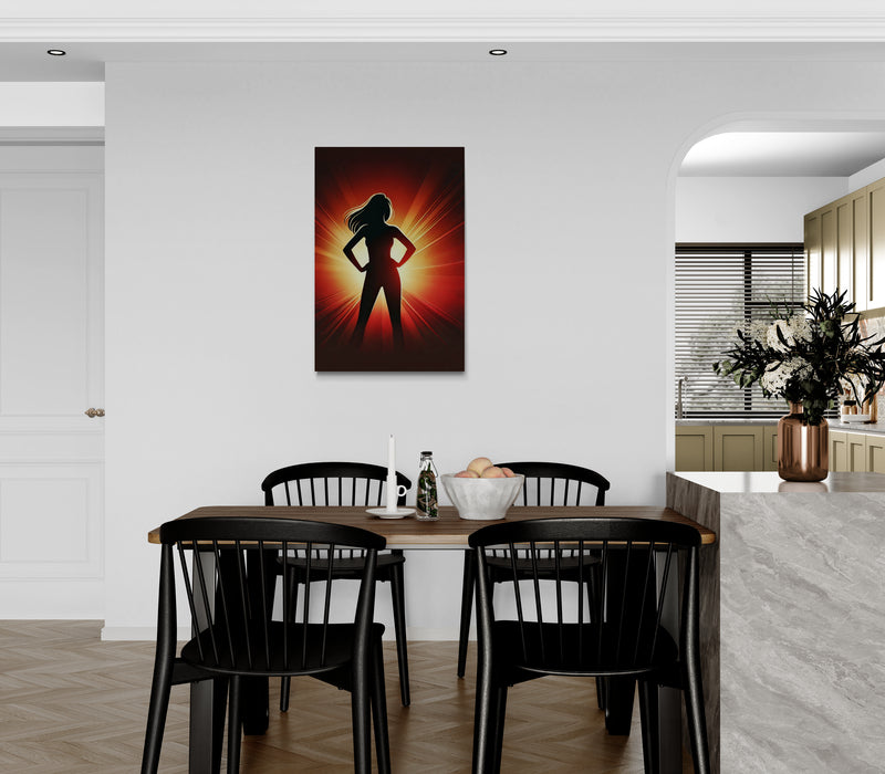 Silhouet van een vrouw in stralend rood licht - Canvas wandkunst