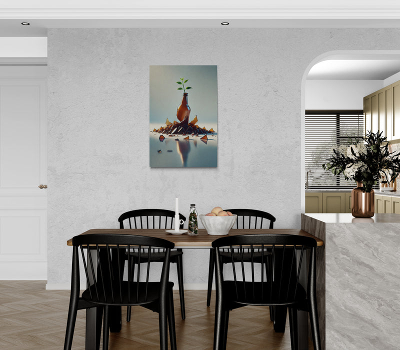 Gebroken glazen fles met groeiende plant in minimalistische stijl - Canvas wandkunst