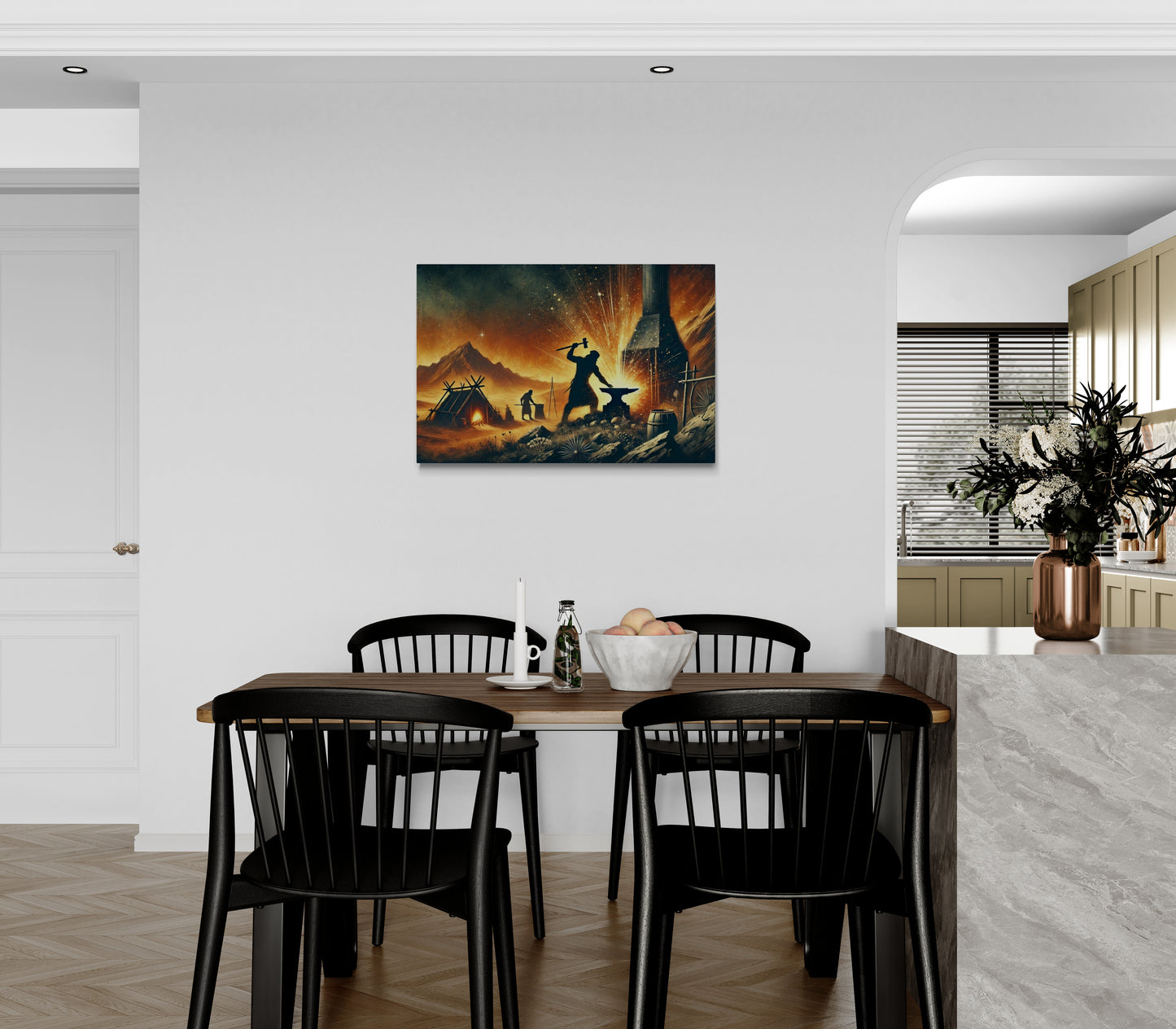 Smid aan het werk in een smidse in een rustiek nachtlandschap – Canvas wandkunst