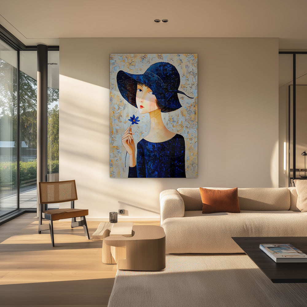 Elegante Vrouw Donkerblauwe Hoed Blauwe Bloem Jurk Portret Schilderij