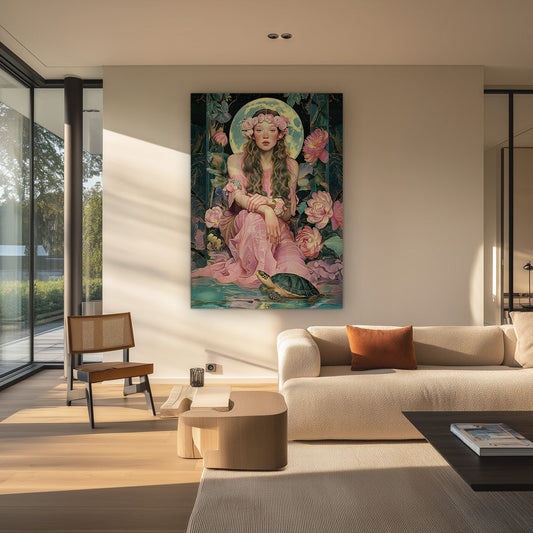 Junge Frau Blumenkrone Rosa Kleid Schildkröte Mystik Fantasie Porträt Gemälde