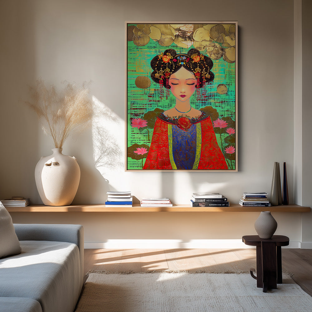 Orientalische Kaiserin Roter Mantel Lotusblumen Gold Türkis Farbiges Gemälde