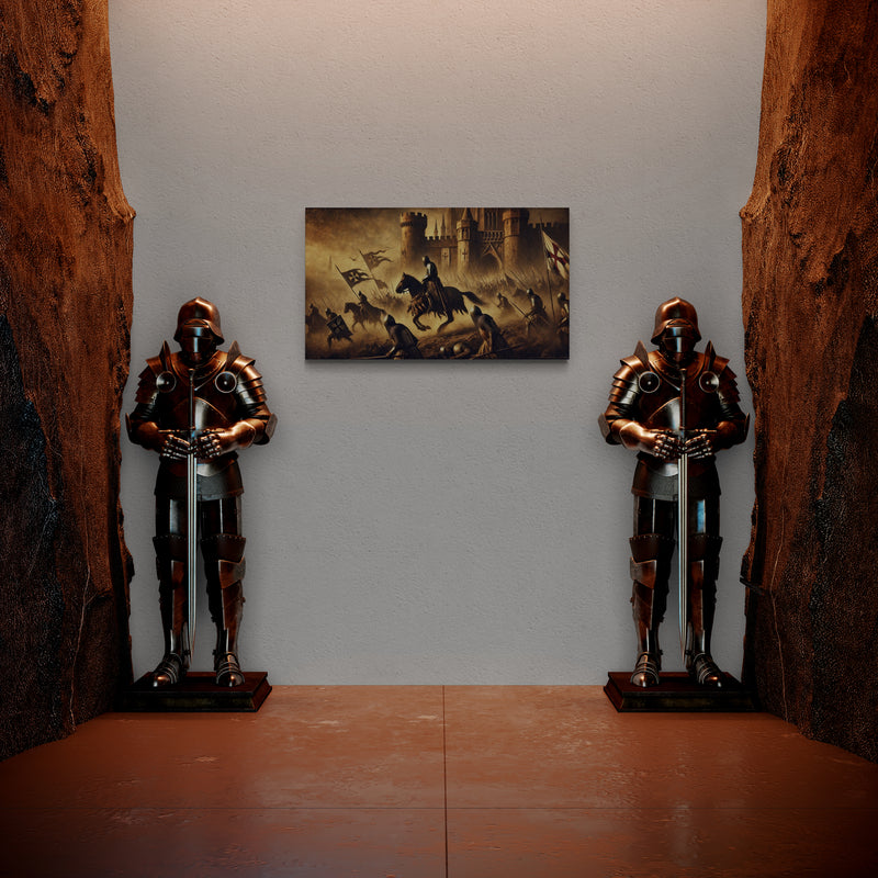 Middeleeuwse ridders vallen een fort aan in sepia. Slagscène – Canvas wanddecoratie