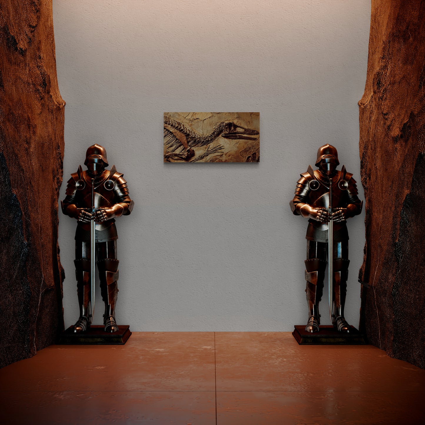 Gefossiliseerd dinosaurusskelet op getextureerd stenen oppervlak - Canvas wandkunst