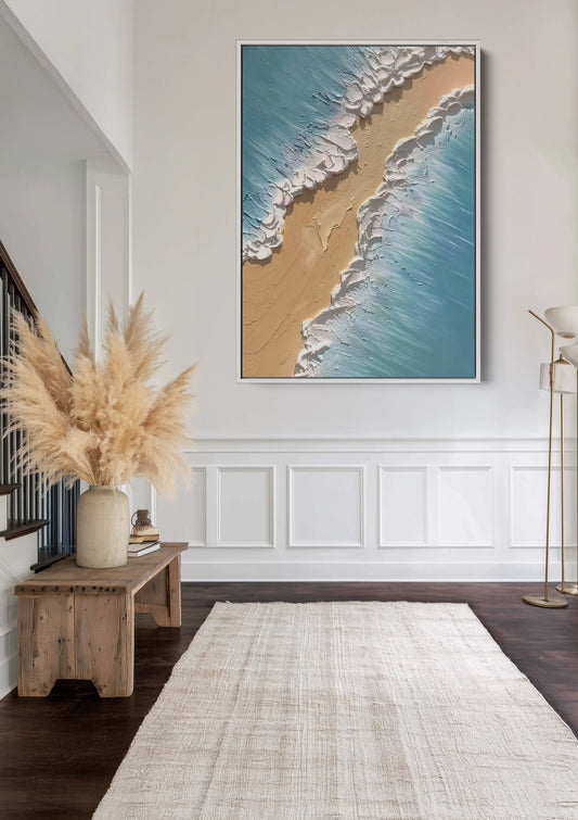 Turquoise Oceangolven Zandstrand Bovenaanzicht Schuimend Zeegezicht Canvas Schilderij
