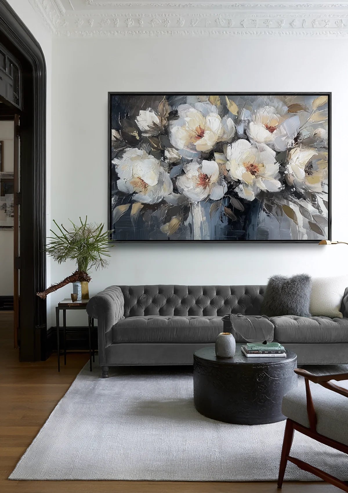White Flowers Gold Grey Romantic Botanical Canvas Painting