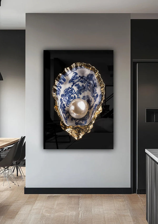 Delfts Blauw Oester Parel Gouden Rand Zwarte Achtergrond Luxe Schilderij