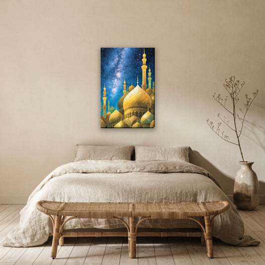 Gouden koepels onder sterrenhemel canvas schilderij aan de muur boven het bed in de slaapkamer