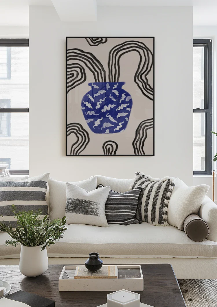 Blue Vase White Motifs Beige Background Black Waves Graphic Painting