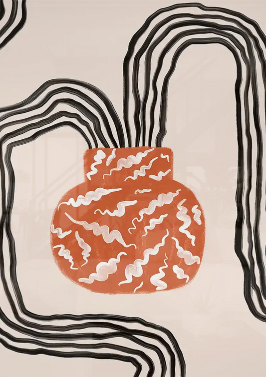 Abstracte Vaas met Golvende Zwarte Lijnen Beige Achtergrond Canvas Schilderij