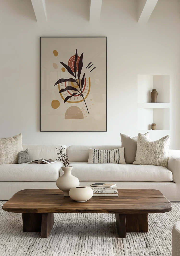 Gestileerde Plant met Bladeren en Abstracte Vormen Botanisch Schilderij
