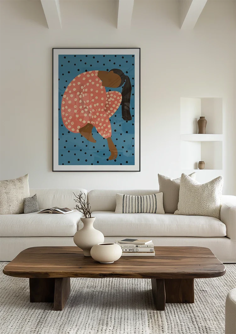 Posing Woman Red Polka Dot Dress Blue Background Graphic Painting