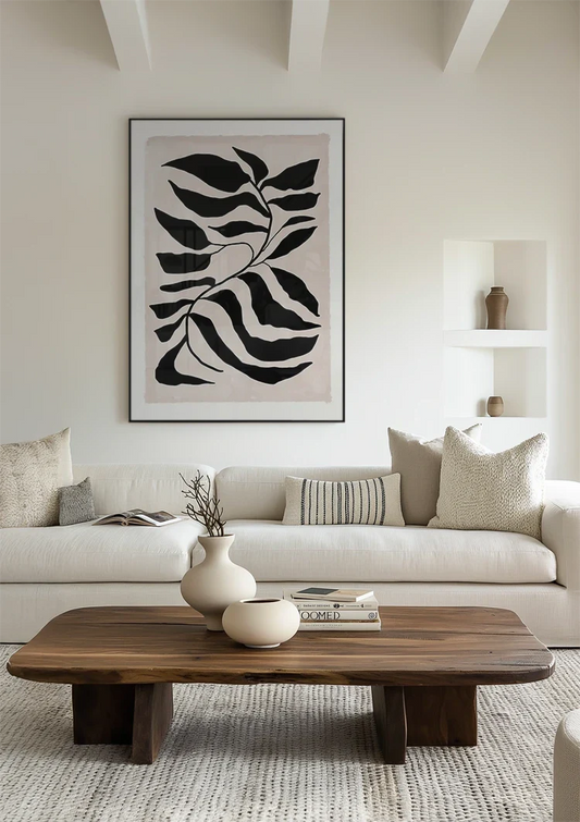 Graphic Sheet Black White Wavy Leaves Cream Background Painting
