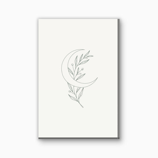 Halve maan met botanische tak canvas schilderij in saliegroen en creme