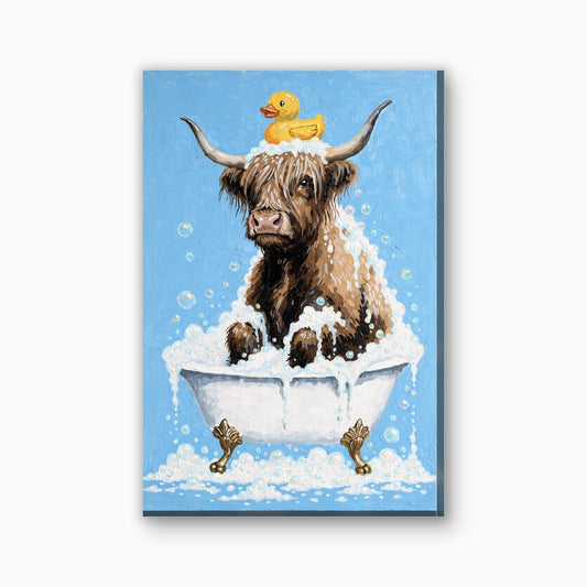Hooglander in bad canvas schilderij in gember en lichtblauw