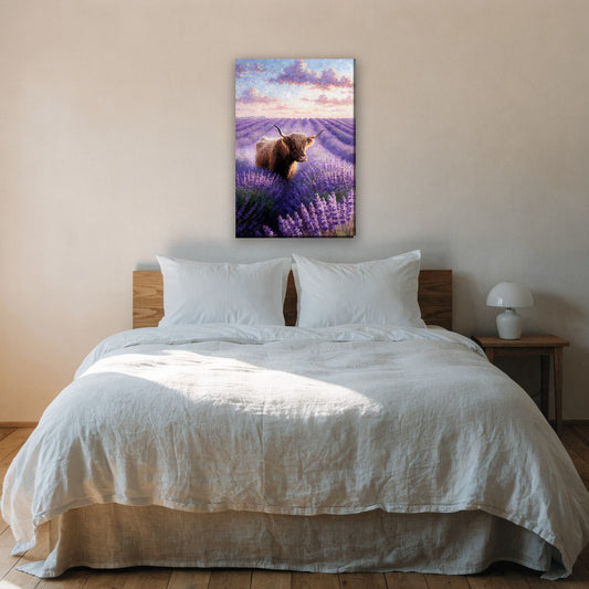 Hooglander in lavendelveld canvas schilderij aan de muur boven het bed in de slaapkamer