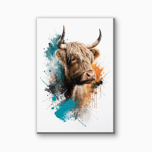 Hooglander met abstracte verfstreken canvas schilderij in teal en gebrand oranje
