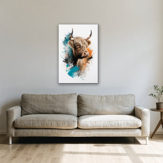 Hooglander met abstracte verfstreken canvas schilderij aan de muur boven de bank in de woonkamer