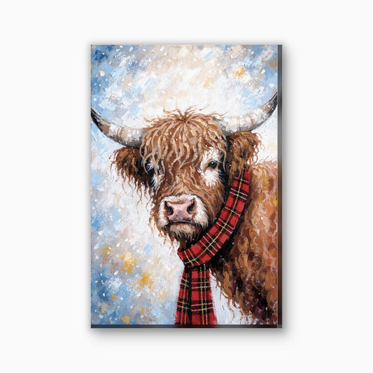 Hooglander met tartan sjaal canvas schilderij in rood en creme
