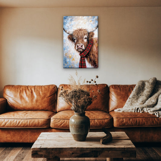 Hooglander met tartan sjaal canvas schilderij aan de muur boven de bank in een landelijke woonkamer