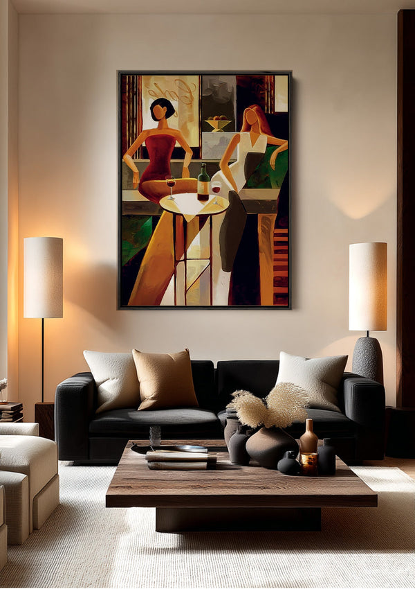 Two Women with Wine in Bar Warm Styled Painting
