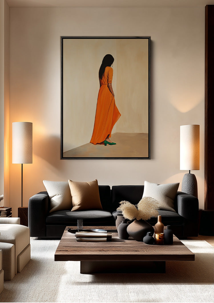 Vrouw in Oranje Jurk Groene Hakken Minimalistisch Schilderij