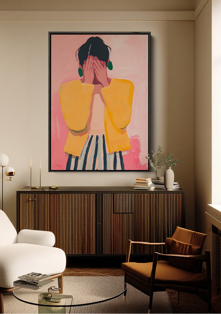 Woman Hidden Face Yellow Sweater Pink Background Painting